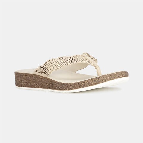 Bata beige embellished casual thong slippers for women